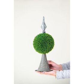 7x7x17" Faux Boxwood Topiary Sphere on Metal Spire