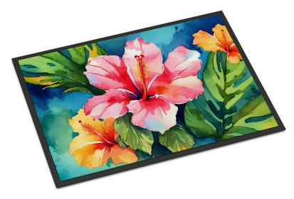Hawaii Hawaiian Hibiscus in Watercolor Doormat Front Door Mat Indoor Outdoor Rugs for Entryway, Non Slip Washable Low Pile, 24H X 36W